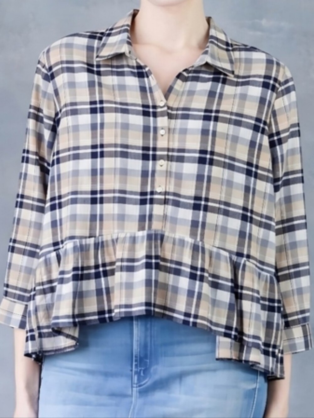 Trovata Birds of Paradis Chrissy Plaid Peplum Ruffle Cotton Blouse L